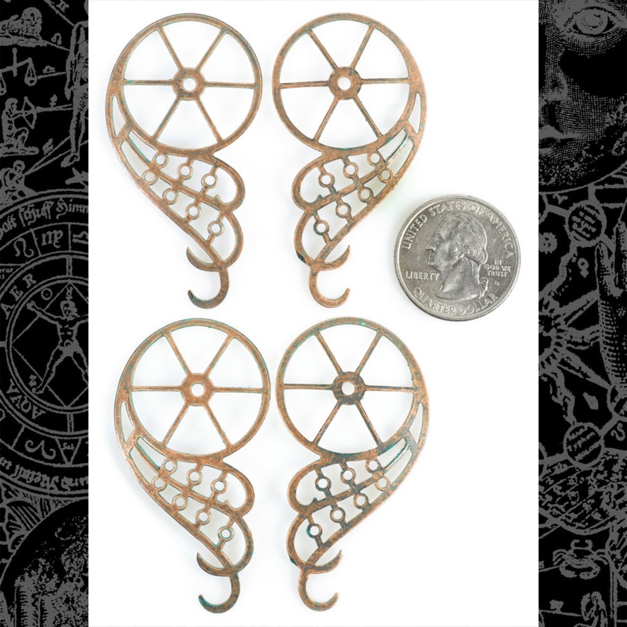 Verdigris Finished Brass Steampunk Angel Wing Pendants Charms - Two Sets of Wings - V-P67